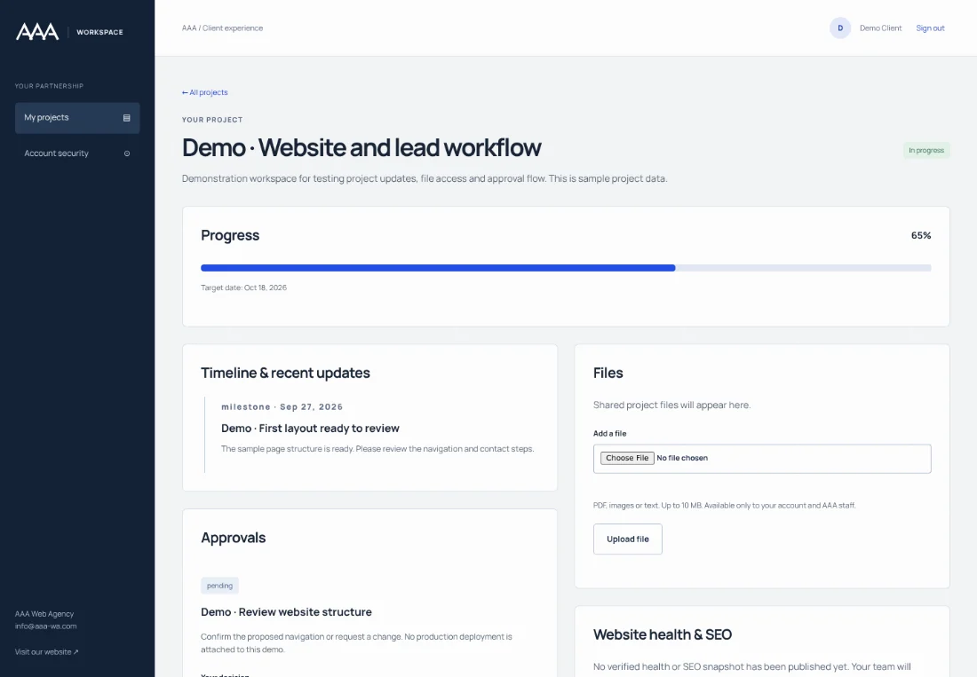 Actual AAA application · Demonstration account shown; sample project data.