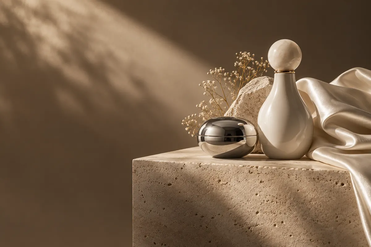 Productos sin marca sobre un pedestal de travertino.