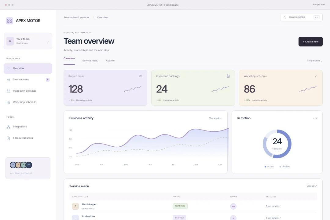 APEX MOTOR / Relationship workspace · An original automotive & services crm workspace concept, bringing service menu, inspection bookings and workshop schedule into one considered experience.