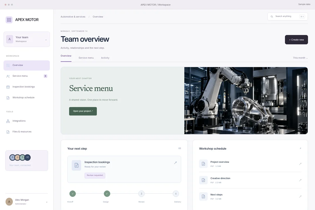 APEX MOTOR / Connected operations · An original automotive & services client portal concept, bringing service menu, inspection bookings and workshop schedule into one considered experience.