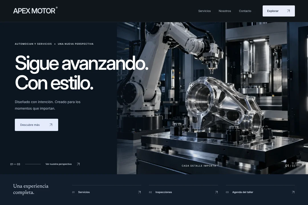 APEX MOTOR / Presencia digital · Concepto original de sitio web para automoción y servicios: servicios, inspecciones y agenda del taller, en una experiencia coherente.