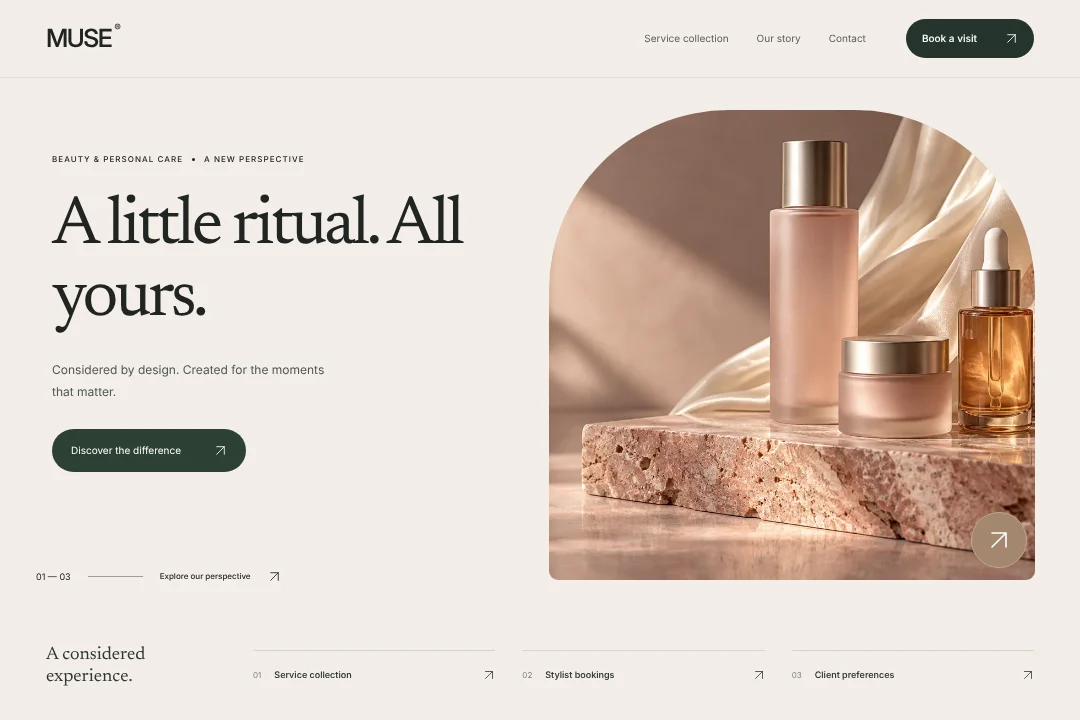 MUSE / Digital presence · An original beauty & personal care booking website concept, bringing service collection, stylist bookings and client preferences into one considered experience.