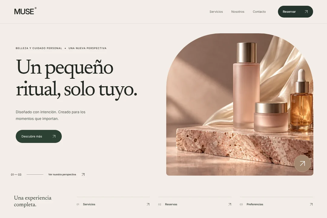 MUSE / Presencia digital · Concepto original de web de reservas para belleza y cuidado personal: servicios, reservas y preferencias, en una experiencia coherente.