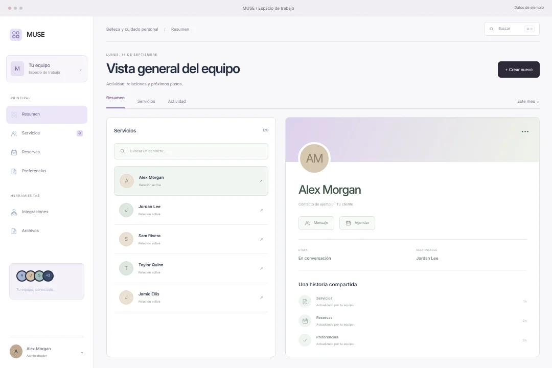 MUSE / Gestión de relaciones · Concepto original de espacio crm para belleza y cuidado personal: servicios, reservas y preferencias, en una experiencia coherente.