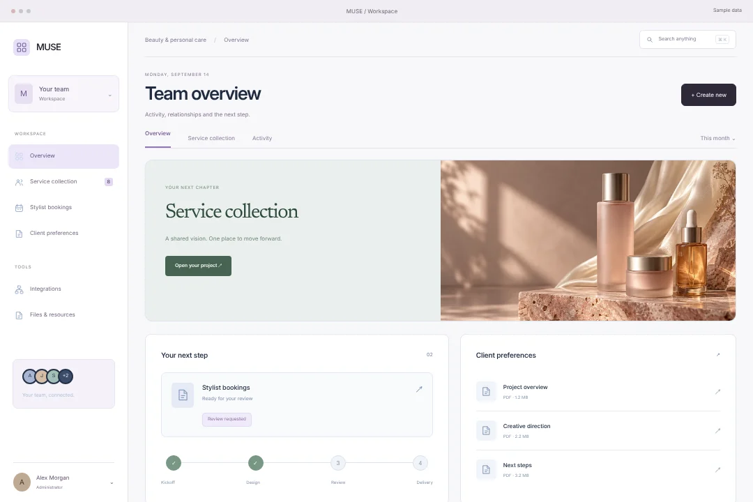 MUSE / Connected operations · An original beauty & personal care client portal concept, bringing service collection, stylist bookings and client preferences into one considered experience.
