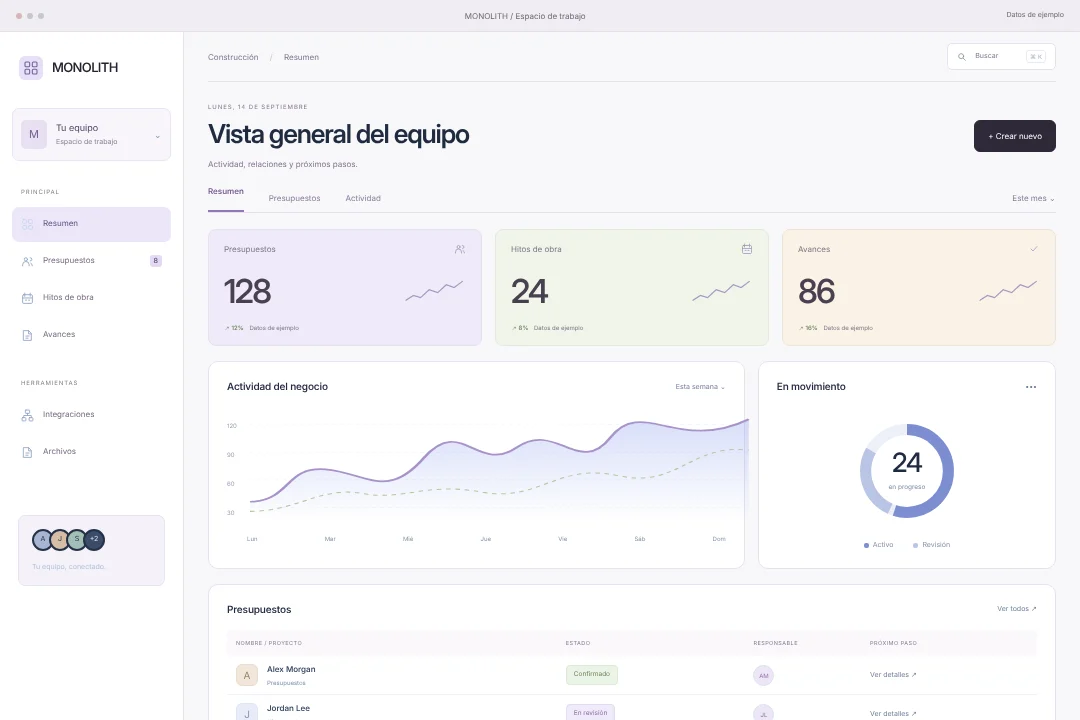 MONOLITH / Gestión de relaciones · Concepto original de espacio crm para construcción: presupuestos, hitos de obra y avances, en una experiencia coherente.
