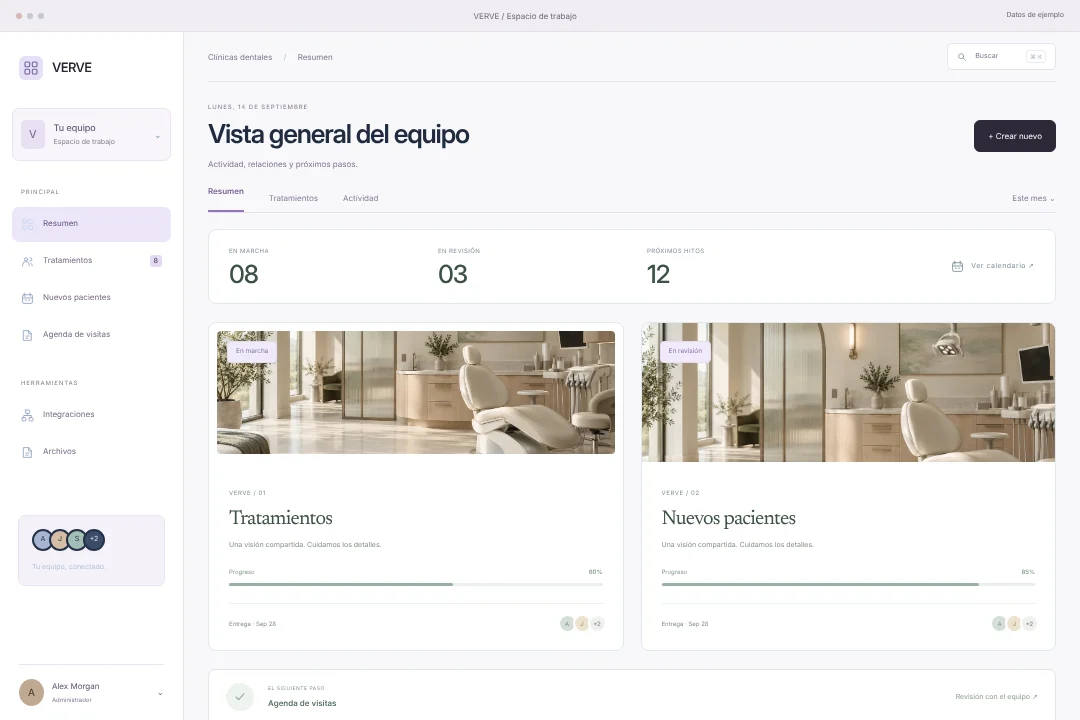 VERVE / Gestión de relaciones · Concepto original de espacio crm para clínicas dentales: tratamientos, nuevos pacientes y agenda de visitas, en una experiencia coherente.