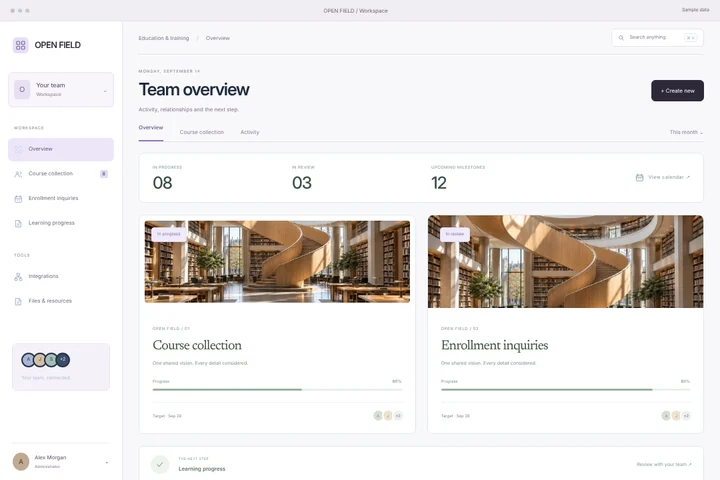 CRM workspace · Education & training · OPEN FIELD