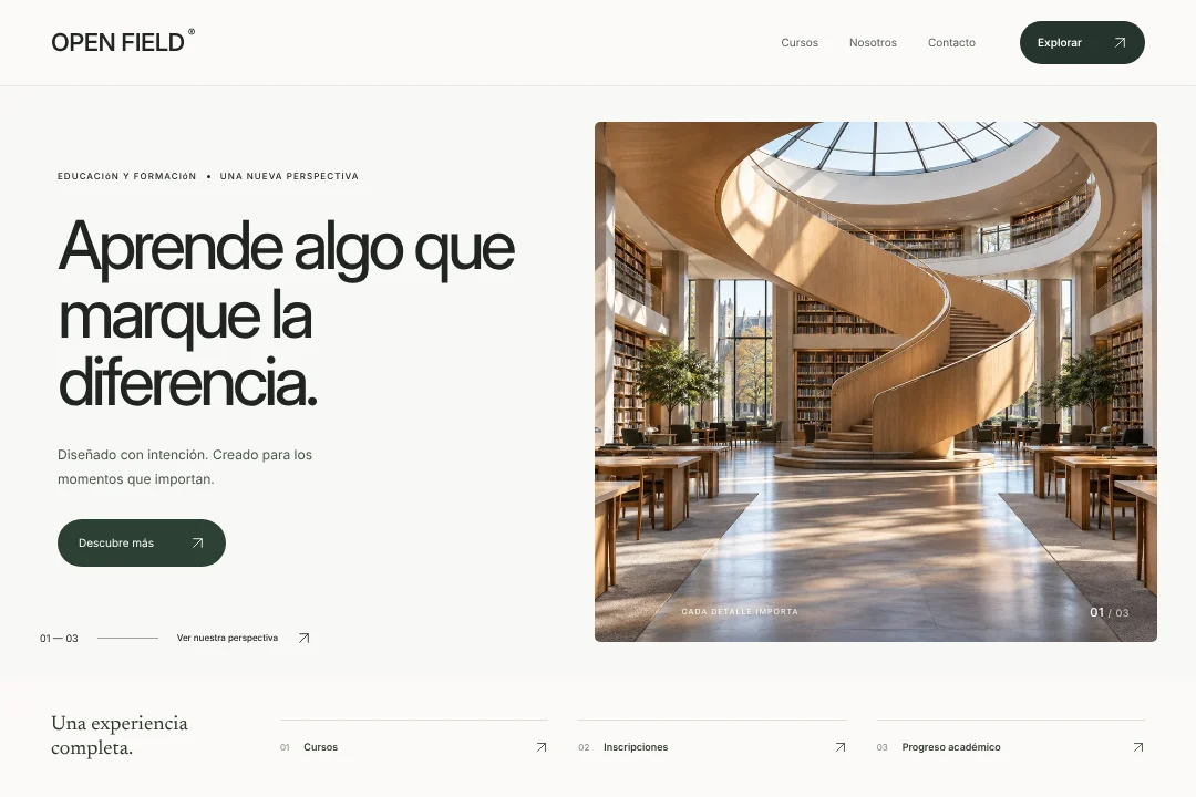 OPEN FIELD / Presencia digital · Concepto original de sitio web para educación y formación: cursos, inscripciones y progreso académico, en una experiencia coherente.