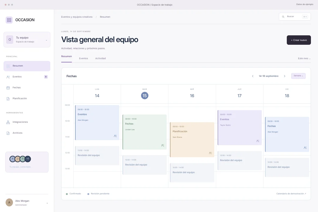 OCCASION / Gestión de relaciones · Concepto original de espacio crm para eventos y equipos creativos: eventos, fechas y planificación, en una experiencia coherente.