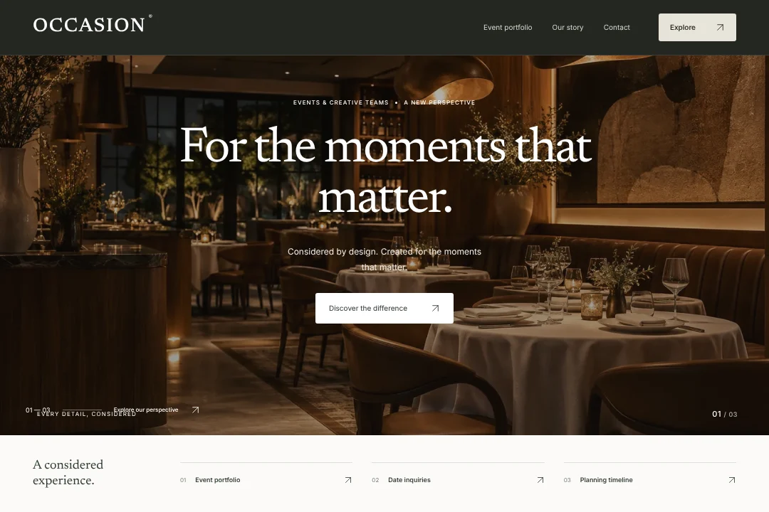 OCCASION / Digital presence · An original events & creative teams website concept, bringing event portfolio, date inquiries and planning timeline into one considered experience.