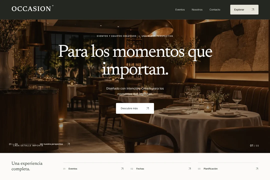 OCCASION / Presencia digital · Concepto original de sitio web para eventos y equipos creativos: eventos, fechas y planificación, en una experiencia coherente.