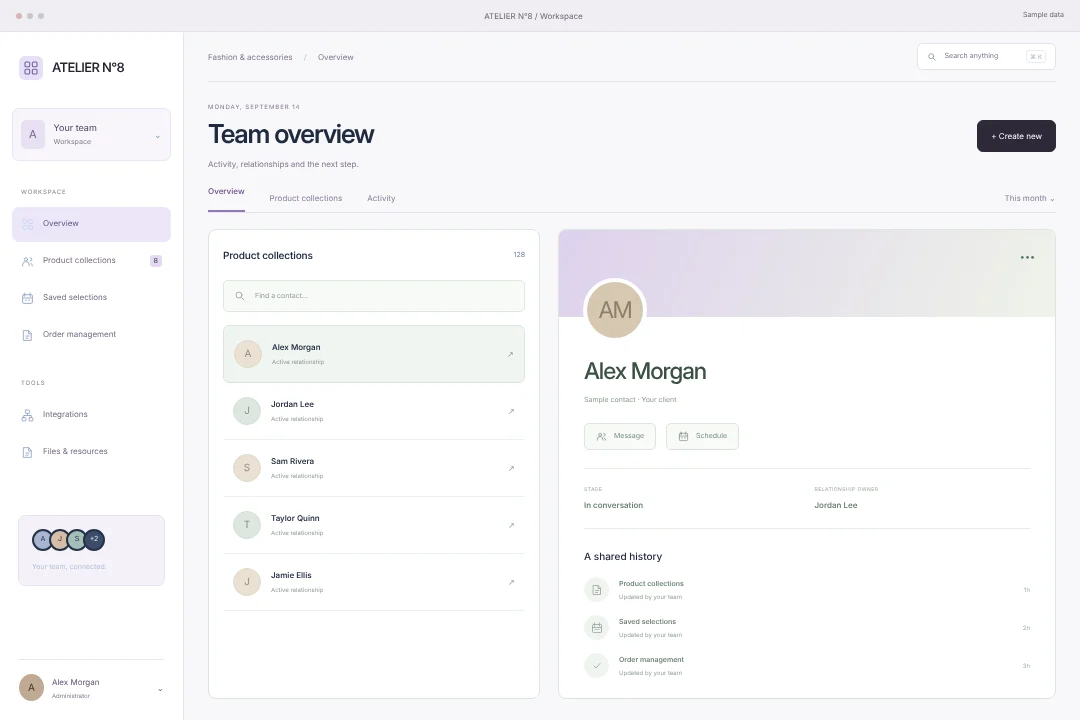 ATELIER N°8 / Relationship workspace · An original fashion & accessories crm workspace concept, bringing product collections, saved selections and order management into one considered experience.