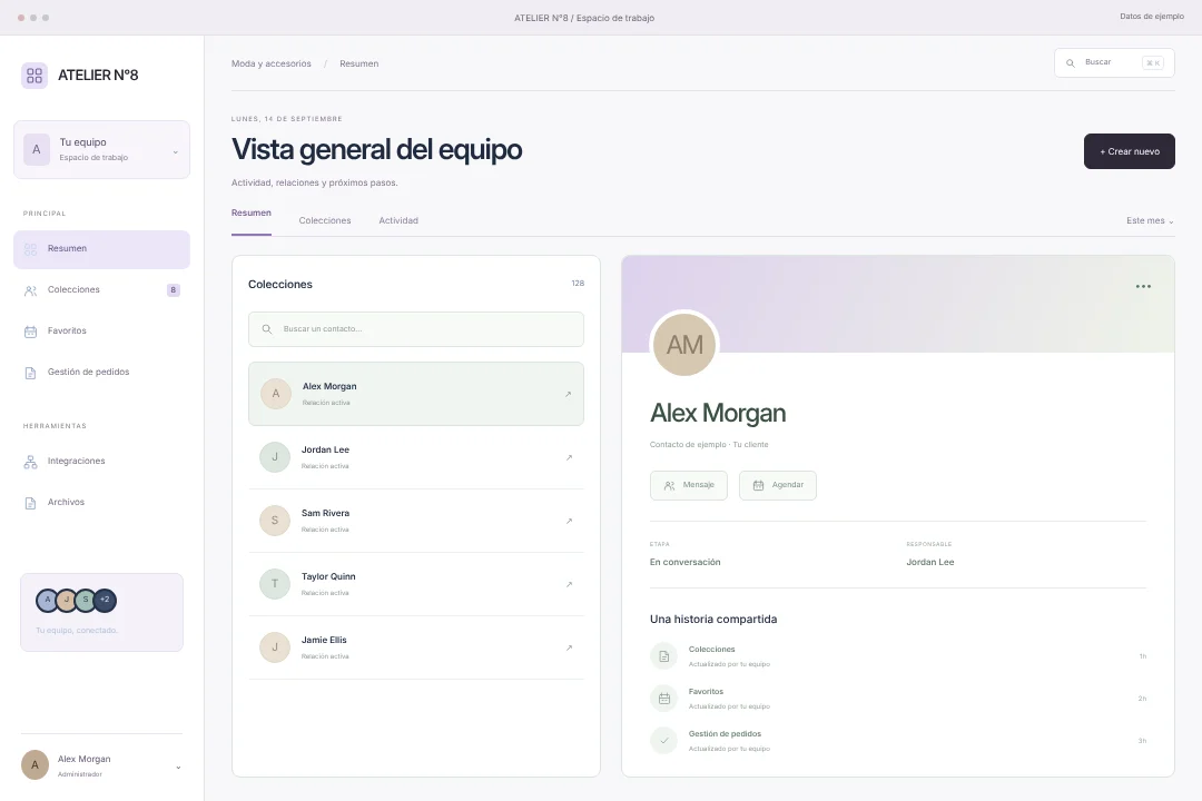 ATELIER N°8 / Gestión de relaciones · Concepto original de espacio crm para moda y accesorios: colecciones, favoritos y gestión de pedidos, en una experiencia coherente.