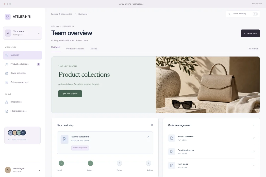 ATELIER N°8 / Connected operations · An original fashion & accessories client portal concept, bringing product collections, saved selections and order management into one considered experience.