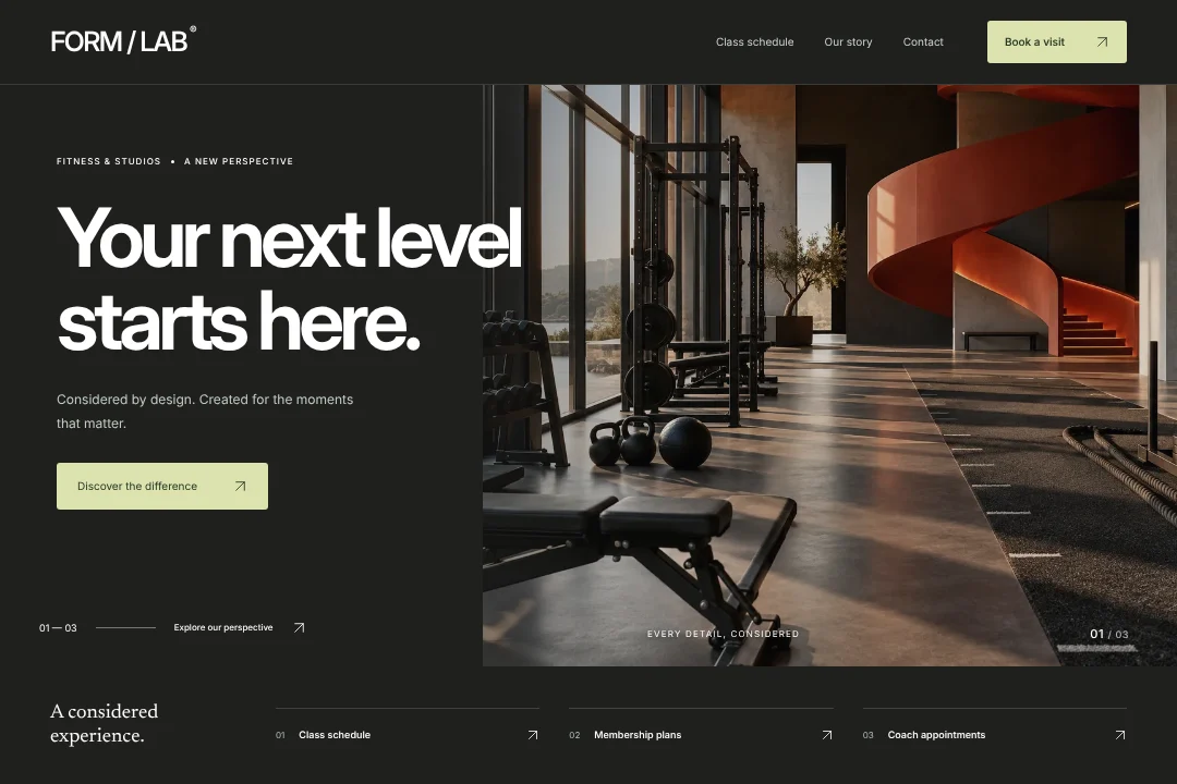 FORM / LAB / Digital presence · An original fitness & studios booking website concept, bringing class schedule, membership plans and coach appointments into one considered experience.