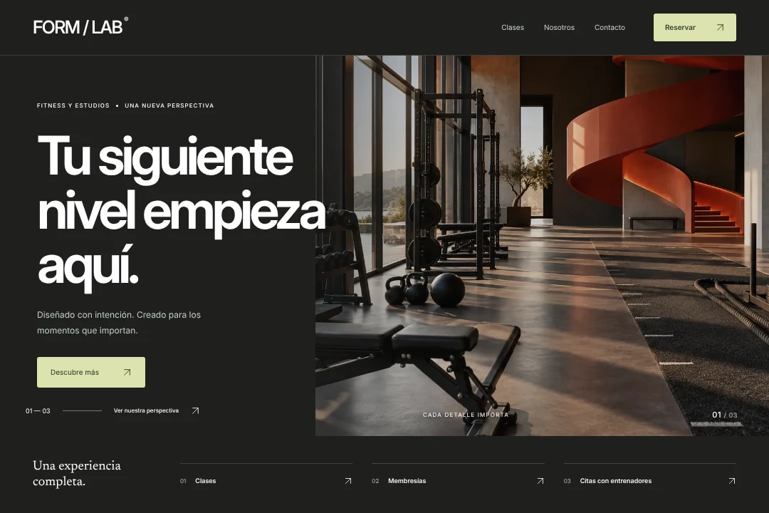 FORM / LAB / Presencia digital · Concepto original de web de reservas para fitness y estudios: clases, membresías y citas con entrenadores, en una experiencia coherente.