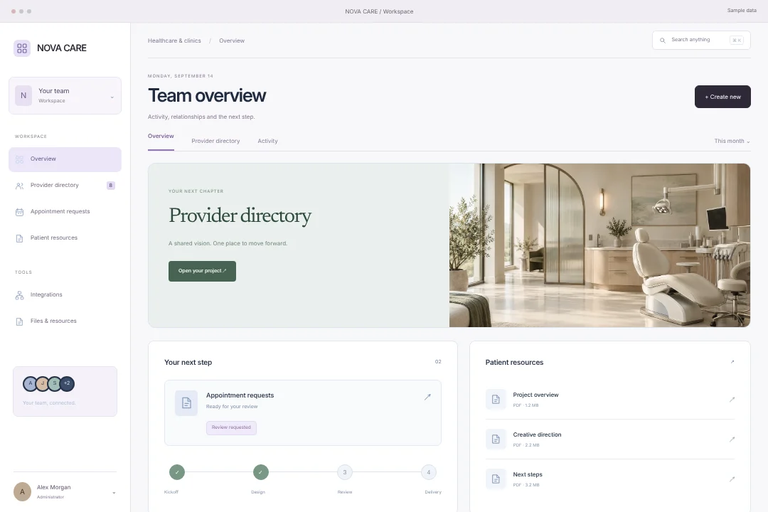 NOVA CARE / Connected operations · An original healthcare & clinics client portal concept, bringing provider directory, appointment requests and patient resources into one considered experience.
