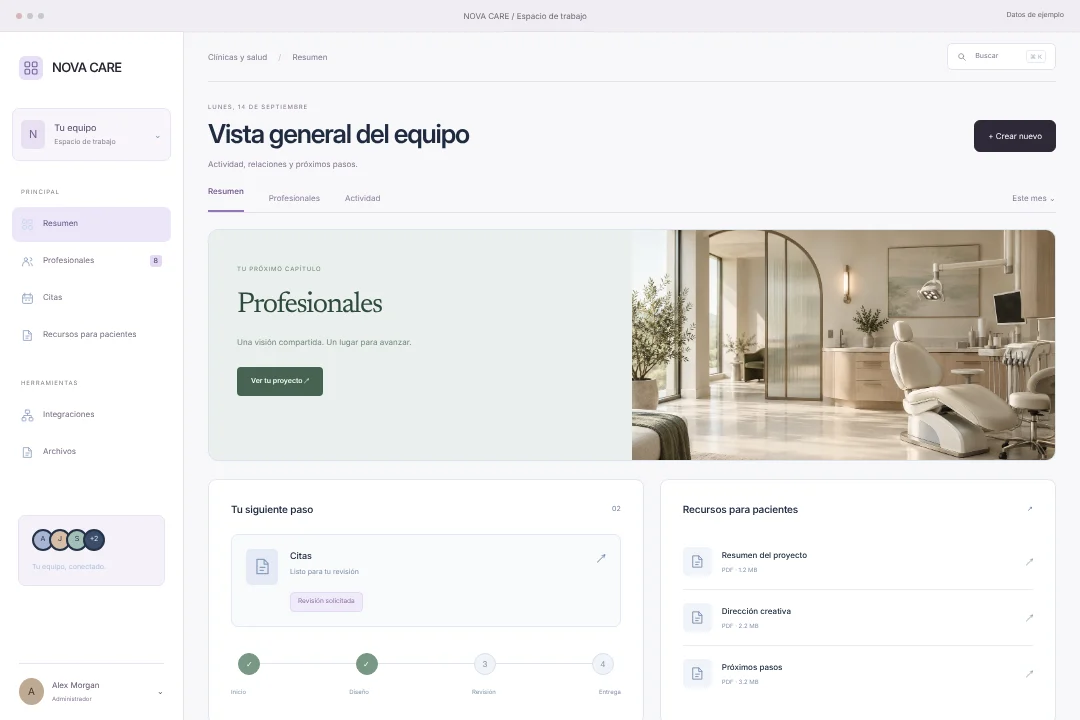 NOVA CARE / Operaciones conectadas · Concepto original de portal del cliente para clínicas y salud: profesionales, citas y recursos para pacientes, en una experiencia coherente.