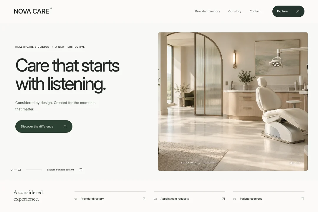 NOVA CARE / Digital presence · An original healthcare & clinics website concept, bringing provider directory, appointment requests and patient resources into one considered experience.