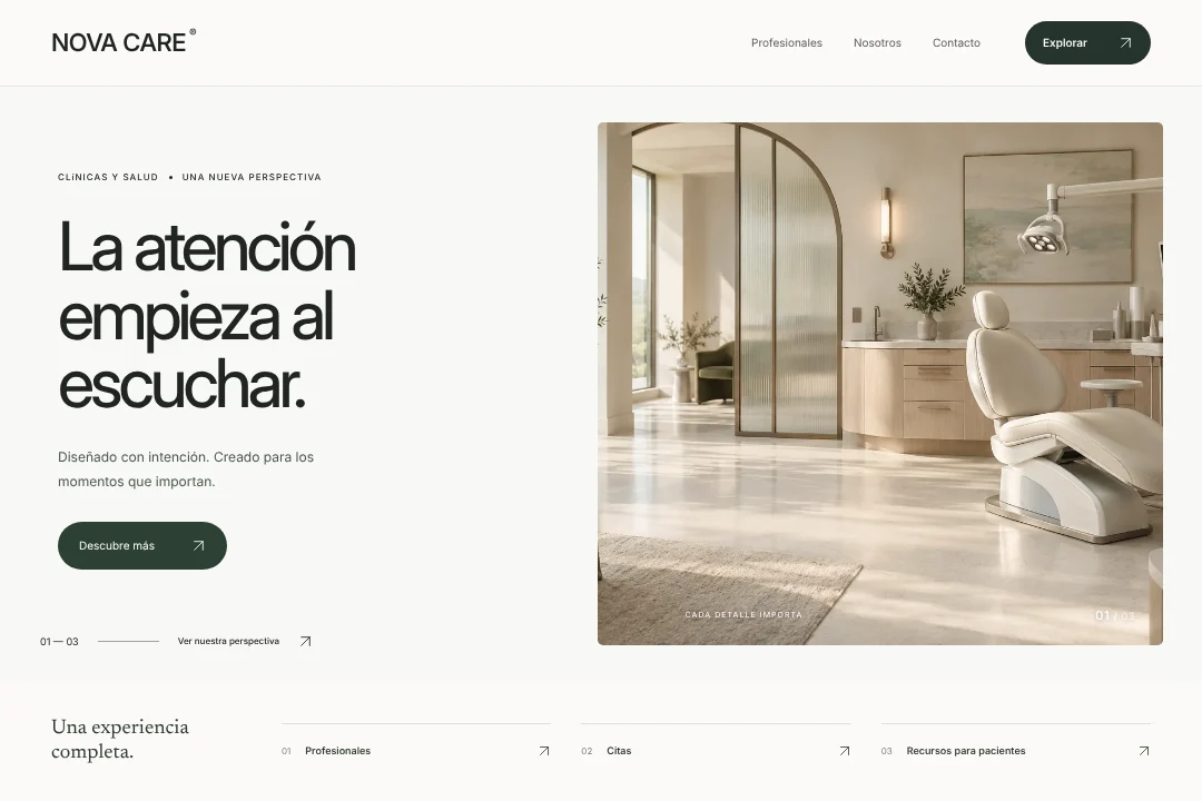 NOVA CARE / Presencia digital · Concepto original de sitio web para clínicas y salud: profesionales, citas y recursos para pacientes, en una experiencia coherente.