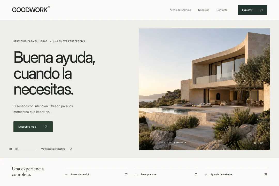GOODWORK / Presencia digital · Concepto original de sitio web para servicios para el hogar: áreas de servicio, presupuestos y agenda de trabajos, en una experiencia coherente.