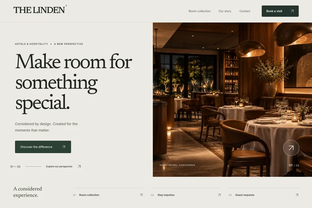 THE LINDEN / Digital presence · An original hotels & hospitality booking website concept, bringing room collection, stay inquiries and guest requests into one considered experience.