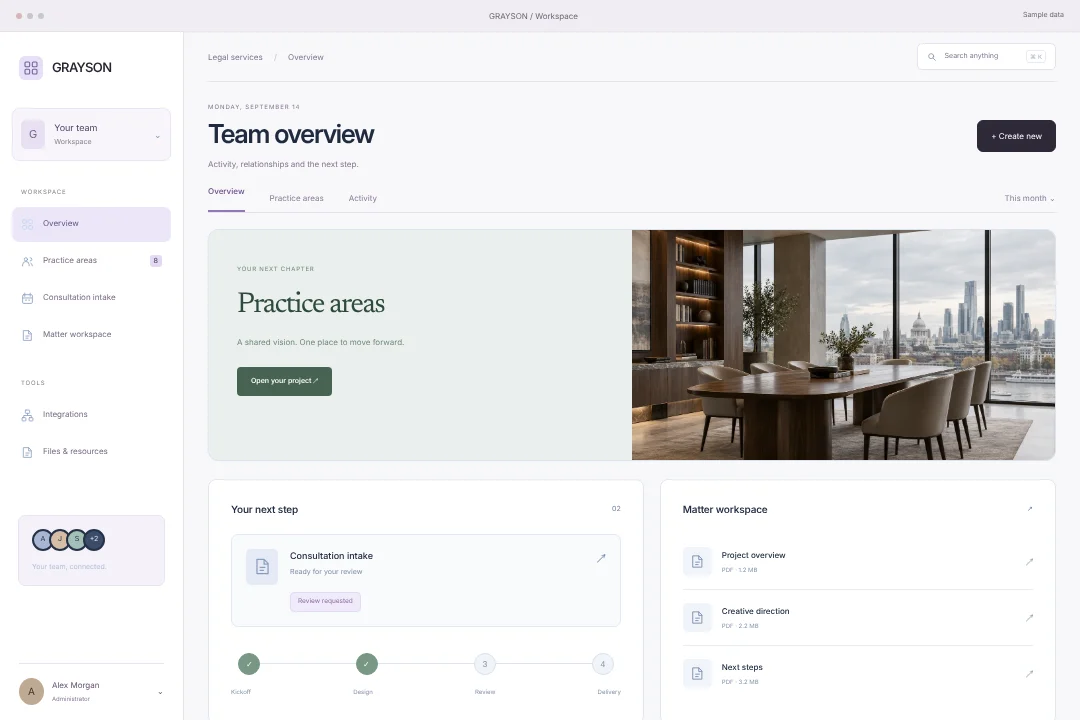 GRAYSON / Connected operations · An original legal services client portal concept, bringing practice areas, consultation intake and matter workspace into one considered experience.