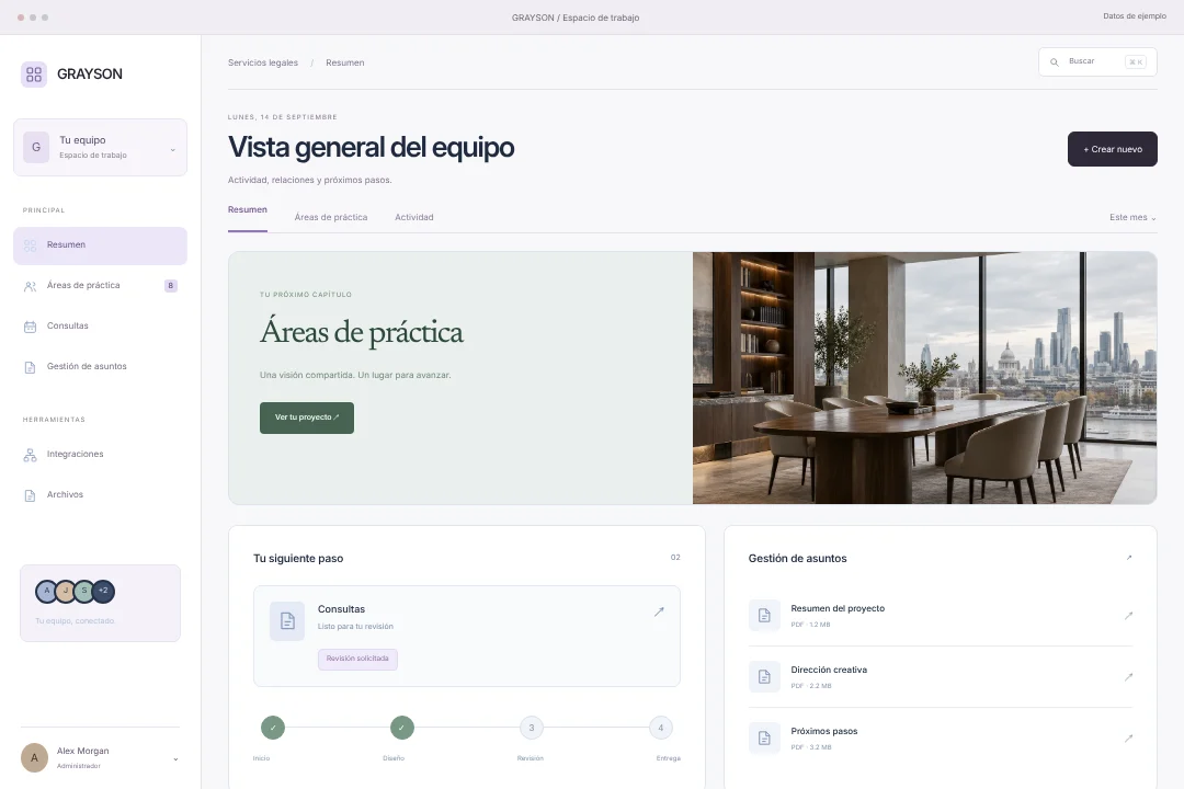 GRAYSON / Operaciones conectadas · Concepto original de portal del cliente para servicios legales: áreas de práctica, consultas y gestión de asuntos, en una experiencia coherente.