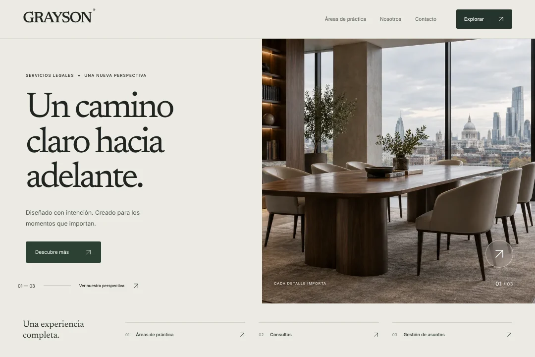 GRAYSON / Presencia digital · Concepto original de sitio web para servicios legales: áreas de práctica, consultas y gestión de asuntos, en una experiencia coherente.