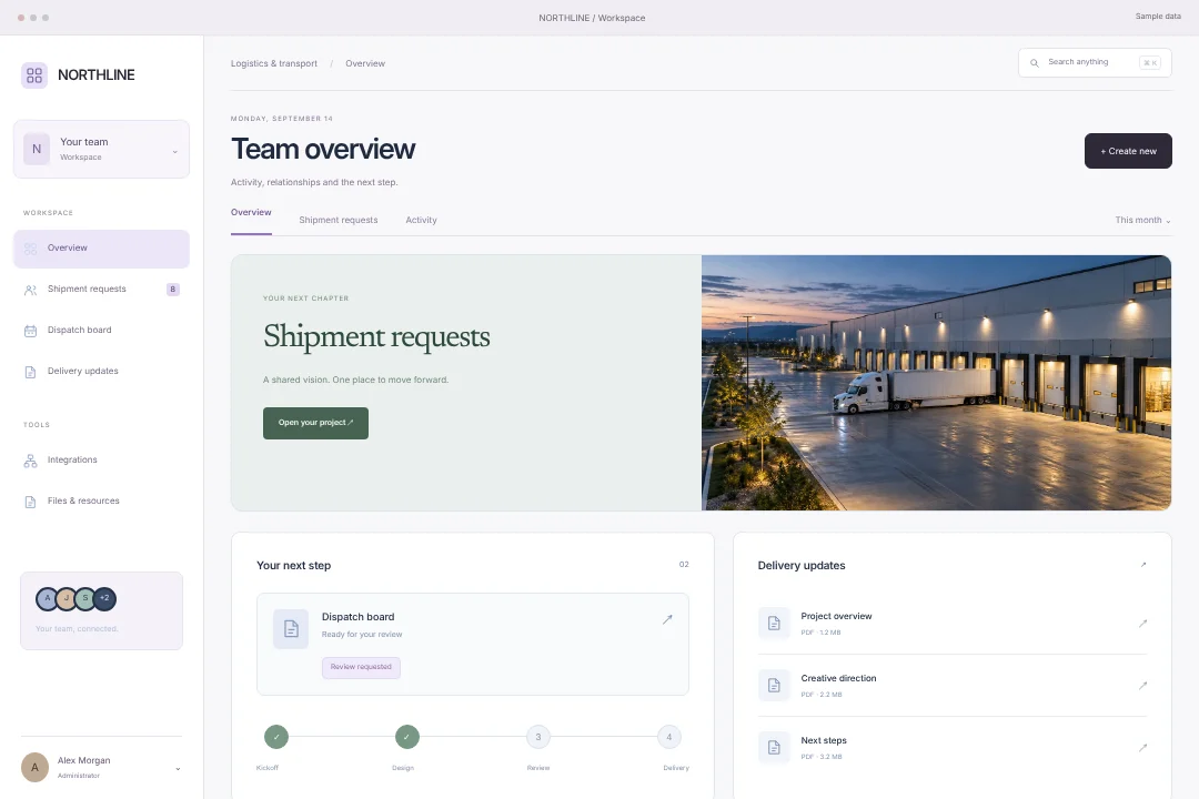 NORTHLINE / Connected operations · An original logistics & transport client portal concept, bringing shipment requests, dispatch board and delivery updates into one considered experience.