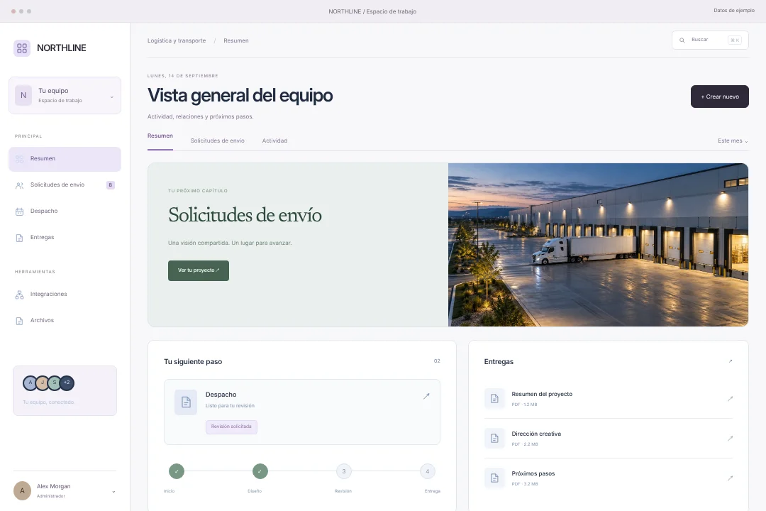 NORTHLINE / Operaciones conectadas · Concepto original de portal del cliente para logística y transporte: solicitudes de envío, despacho y entregas, en una experiencia coherente.