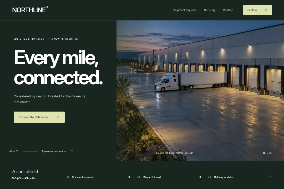 NORTHLINE / Digital presence · An original logistics & transport website concept, bringing shipment requests, dispatch board and delivery updates into one considered experience.
