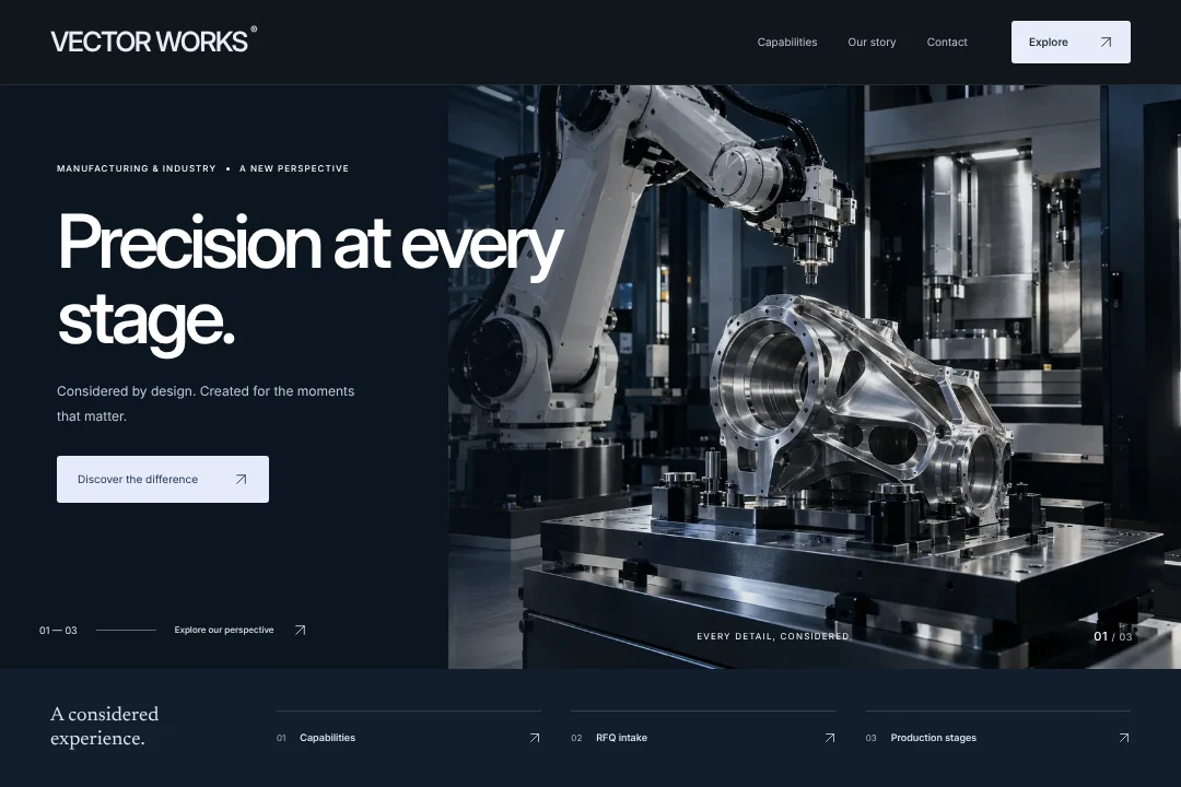 VECTOR WORKS / Digital presence · An original manufacturing & industry website concept, bringing capabilities, rfq intake and production stages into one considered experience.