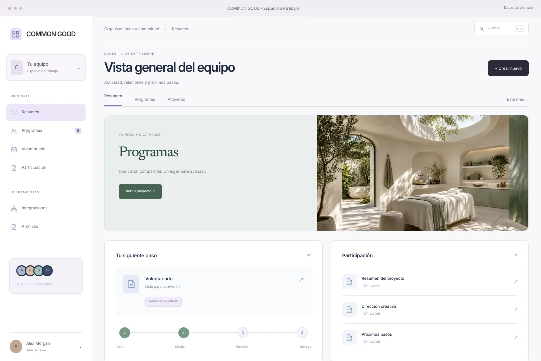 COMMON GOOD / Operaciones conectadas · Concepto original de portal del cliente para organizaciones y comunidad: programas, voluntariado y participación, en una experiencia coherente.