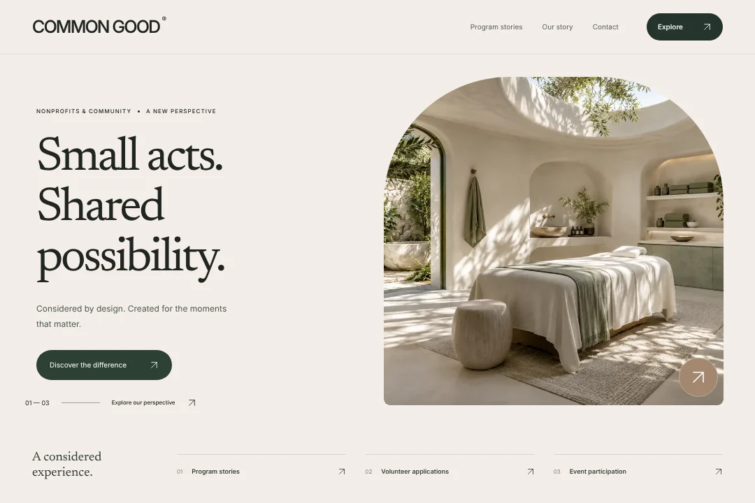 COMMON GOOD / Digital presence · An original nonprofits & community website concept, bringing program stories, volunteer applications and event participation into one considered experience.