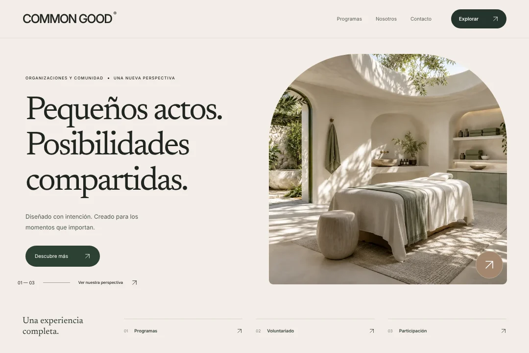 COMMON GOOD / Presencia digital · Concepto original de sitio web para organizaciones y comunidad: programas, voluntariado y participación, en una experiencia coherente.