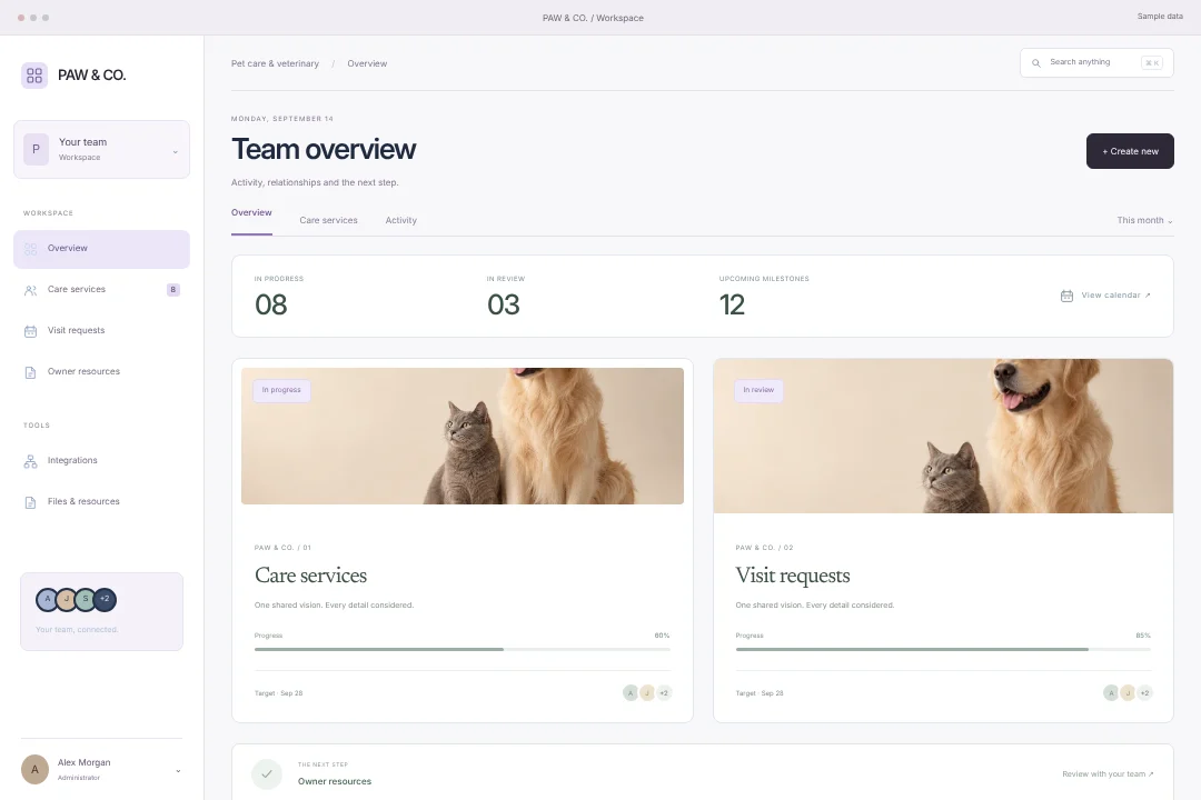 PAW & CO. / Relationship workspace · An original pet care & veterinary crm workspace concept, bringing care services, visit requests and owner resources into one considered experience.