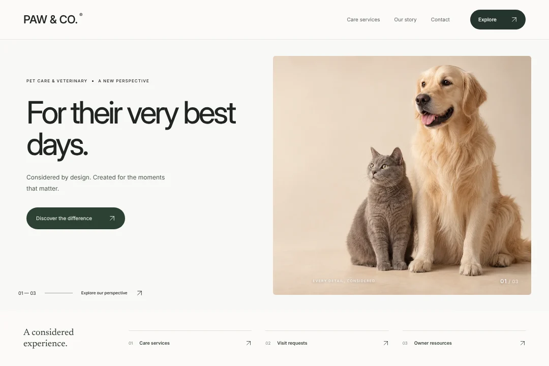PAW & CO. / Digital presence · An original pet care & veterinary website concept, bringing care services, visit requests and owner resources into one considered experience.