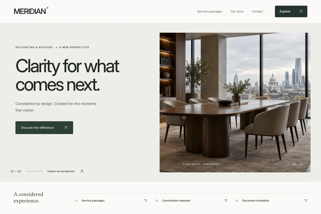 MERIDIAN / Digital presence · An original accounting & advisory website concept, bringing service packages, consultation requests and document checklists into one considered experience.