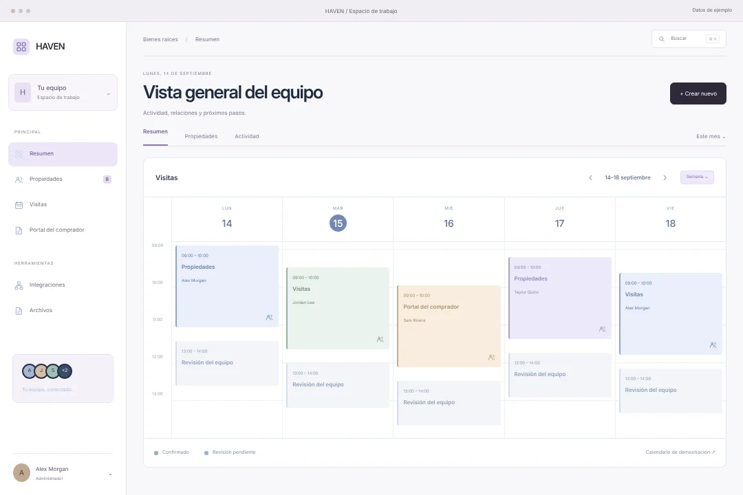 HAVEN / Gestión de relaciones · Concepto original de espacio crm para bienes raíces: propiedades, visitas y portal del comprador, en una experiencia coherente.