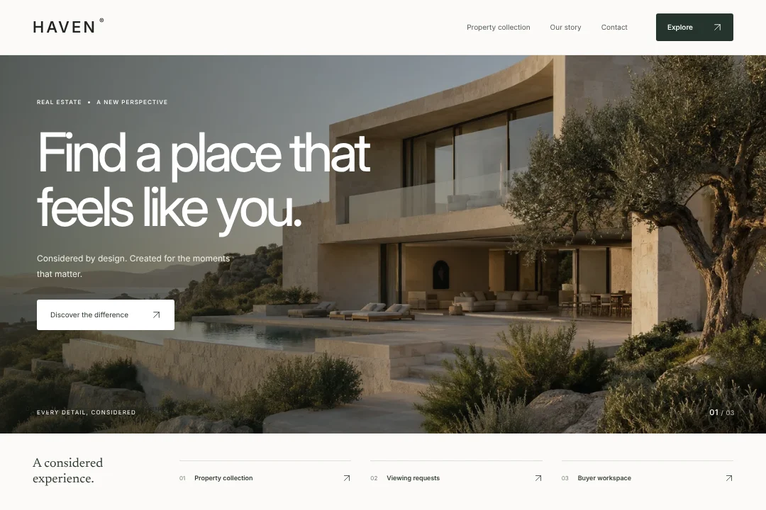 HAVEN / Digital presence · An original real estate website concept, bringing property collection, viewing requests and buyer workspace into one considered experience.