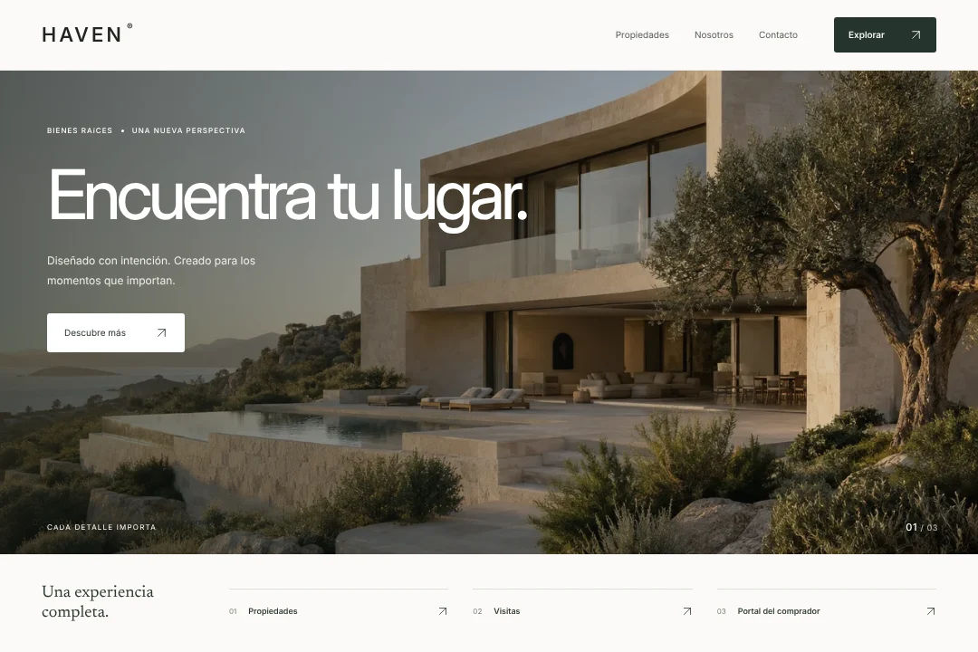 HAVEN / Presencia digital · Concepto original de sitio web para bienes raíces: propiedades, visitas y portal del comprador, en una experiencia coherente.