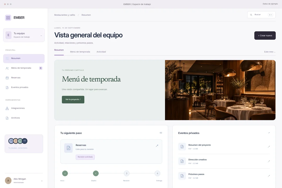 EMBER / Operaciones conectadas · Concepto original de portal del cliente para restaurantes y cafés: menú de temporada, reservas y eventos privados, en una experiencia coherente.