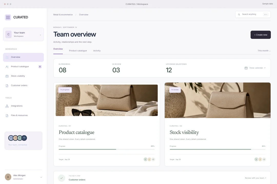 CURATED / Relationship workspace · An original retail & ecommerce crm workspace concept, bringing product catalogue, stock visibility and customer orders into one considered experience.