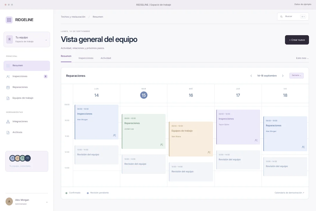 RIDGELINE / Gestión de relaciones · Concepto original de espacio crm para techos y restauración: inspecciones, reparaciones y equipos de trabajo, en una experiencia coherente.