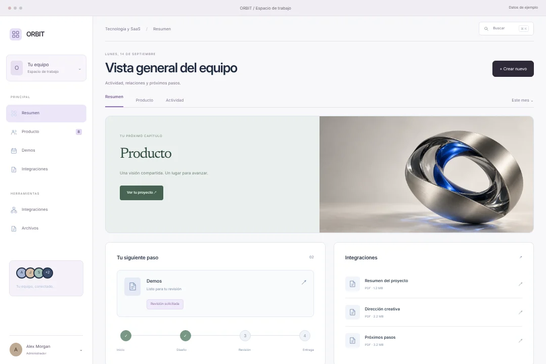 ORBIT / Operaciones conectadas · Concepto original de portal del cliente para tecnología y saas: producto, demos y integraciones, en una experiencia coherente.