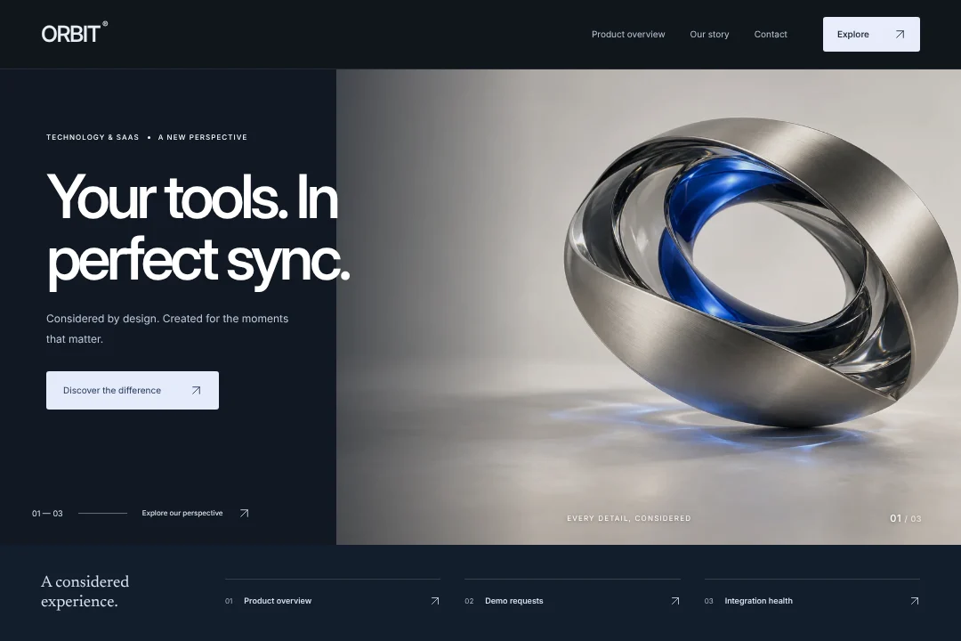 ORBIT / Digital presence · An original technology & saas website concept, bringing product overview, demo requests and integration health into one considered experience.