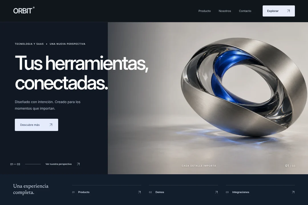 ORBIT / Presencia digital · Concepto original de sitio web para tecnología y saas: producto, demos y integraciones, en una experiencia coherente.