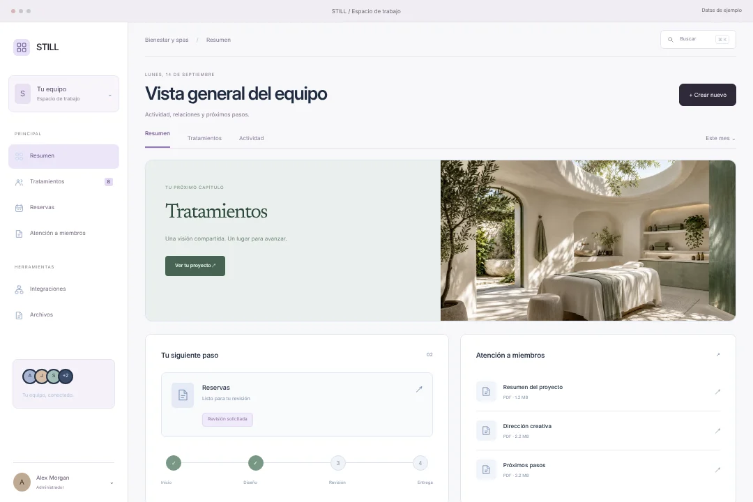 STILL / Operaciones conectadas · Concepto original de portal del cliente para bienestar y spas: tratamientos, reservas y atención a miembros, en una experiencia coherente.